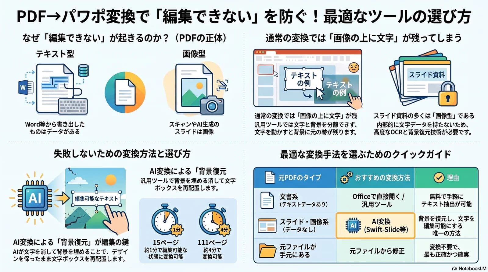 PDF→パワポ変換で「編集できない」を防ぐ最適なツールの選び方 — テキスト型/画像型の違いとAI変換の背景復元を図解したインフォグラフィック