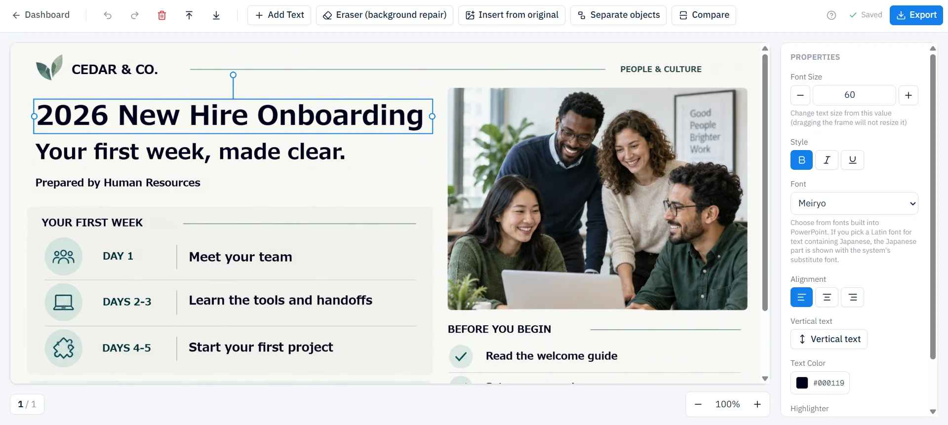 Actual English Swift-Slide editor capture with 2026 New Hire Onboarding selected as editable text.