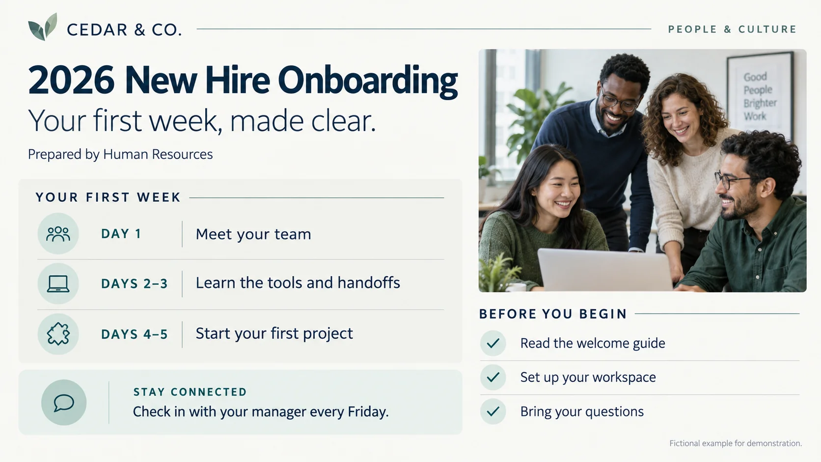 Original English 2026 New Hire Onboarding slide for Cedar and Co., with a first-week schedule and team photo.