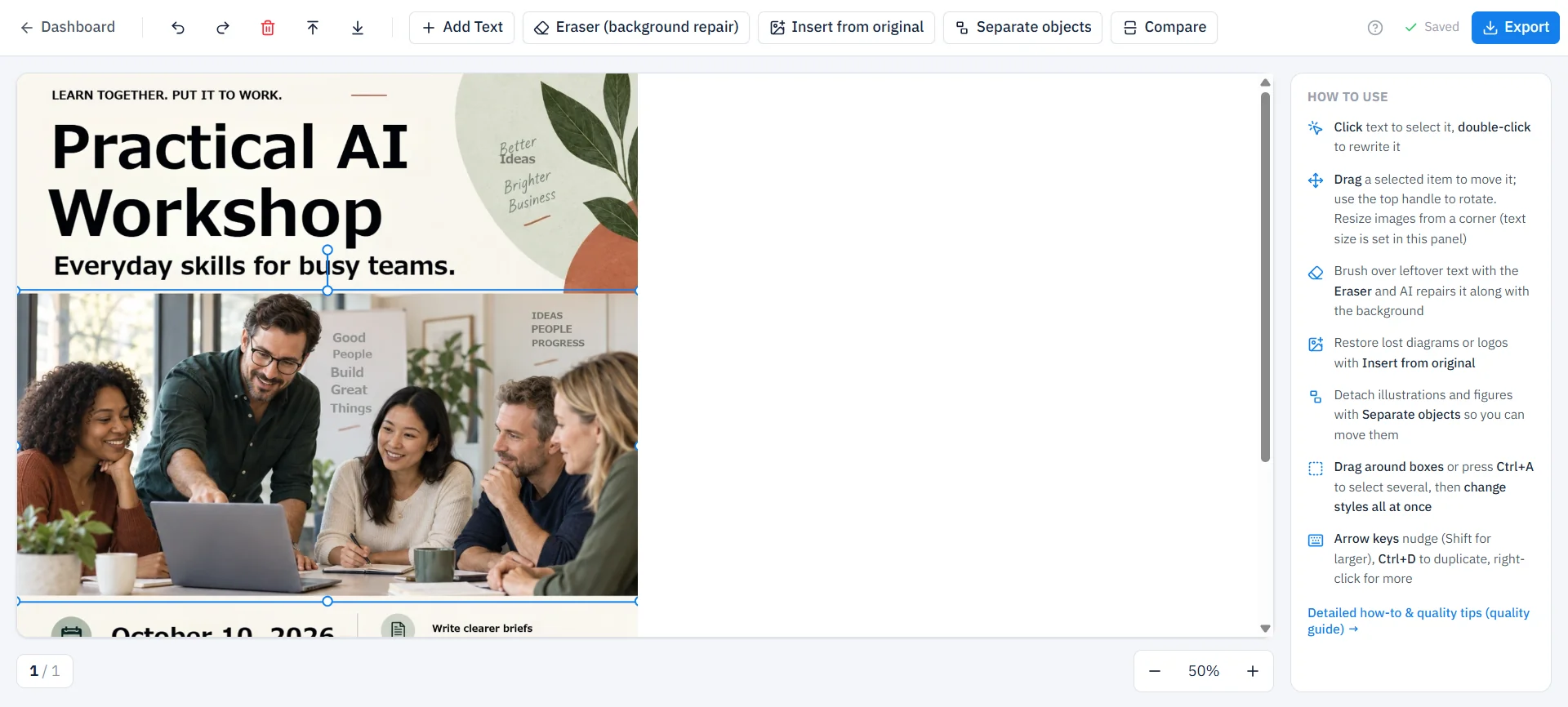 Actual English Swift-Slide editor capture at 50 percent zoom with the workshop photo selected in a blue bounding box.