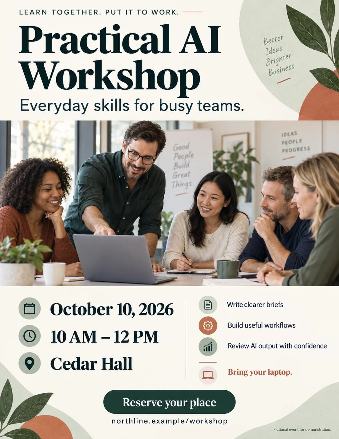 Original English Practical AI Workshop flyer, showing October 10, 2026 at Cedar Hall and a large workshop photo.